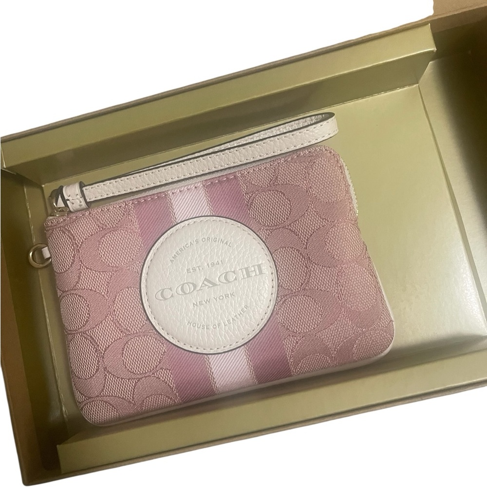 Coach Pink Signature Wristlet with Cream Leather Patch - Picture 3 of 3